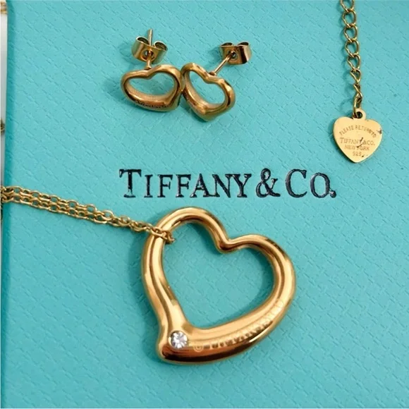 Tiffany & Co. Gold Heart Necklace with Earrings - Picture 1 of 5